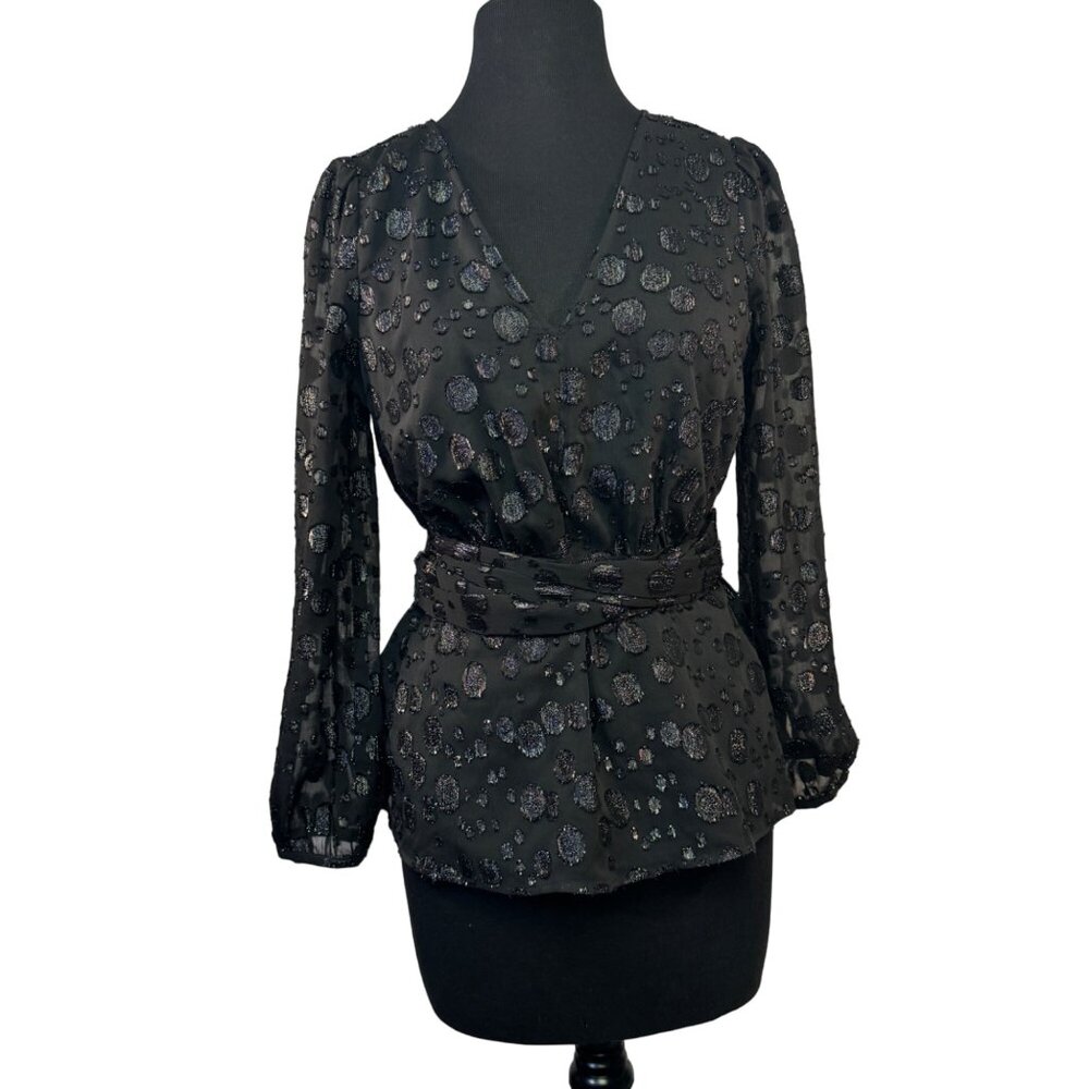 J.Crew Womens Size XSmall Black V-Neck Polka Dot Wrap Top Lined